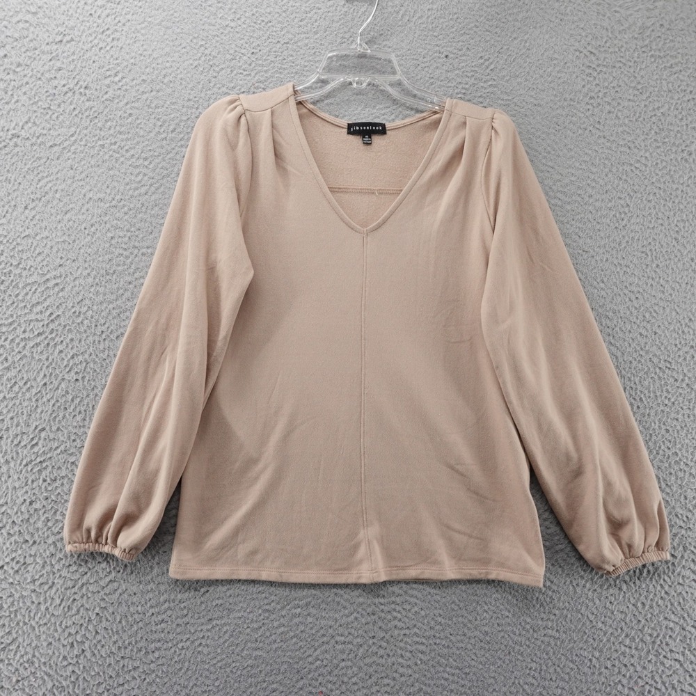 Gibsonlook Womens Tan V-Neck Puff Shoulder Long Sleeve Sweater XS NEW